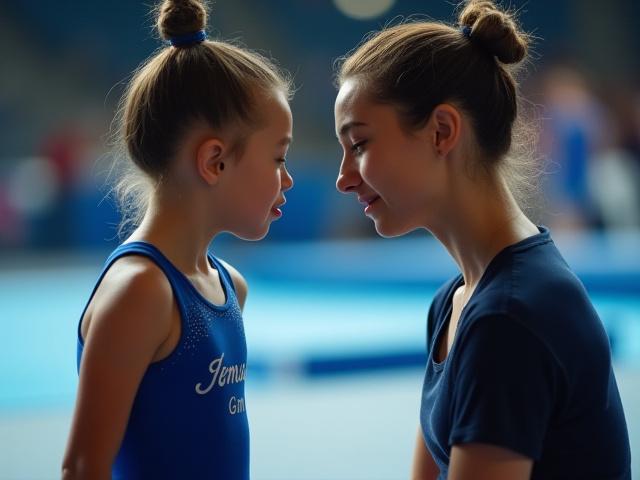 Entrenador consolando a una joven gimnasta durante una competencia.
