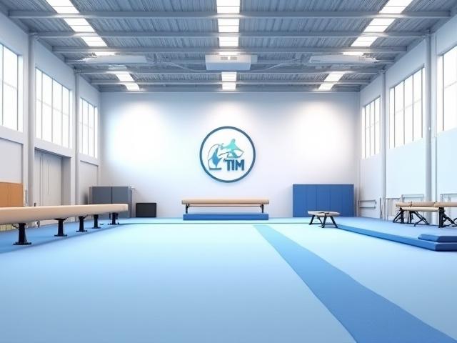 Vista amplia de las modernas instalaciones de Marea Gim, con varios aparatos de gimnasia como barras, anillas y colchonetas, en un espacio limpio y bien iluminado.