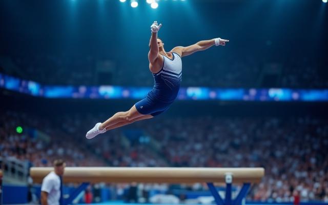 Fotografía panorámica de una competencia de gimnasia artística, con un atleta en el aire ejecutando una rutina impecable, y el público animando.